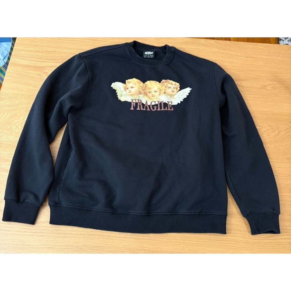 Minga London "Fragile" Black Cherub Pullover Sweatshirt Sz S UK 8 Graphic - Picture 2 of 7